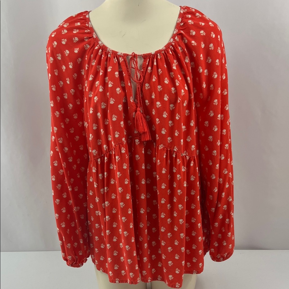 Old Navy Red Floral Tie V-Neck Peasant Boho Tier Blouse‎ Festival Size XL